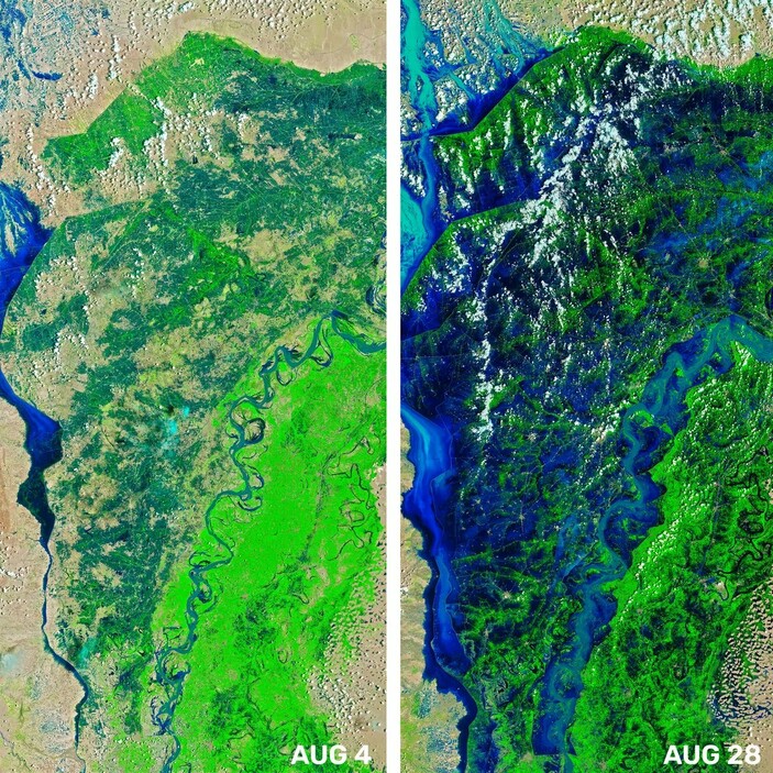 Sular altında kalan Pakistan, uydudan görüntülendi